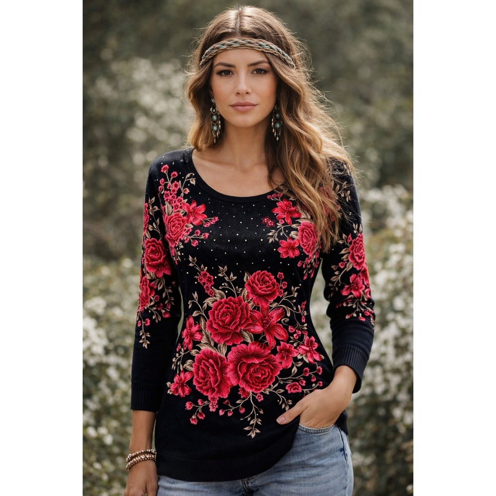Emily Daniels XL Dark Cottagecore Rose Sweater Rhinestones Boho Romantic Women's